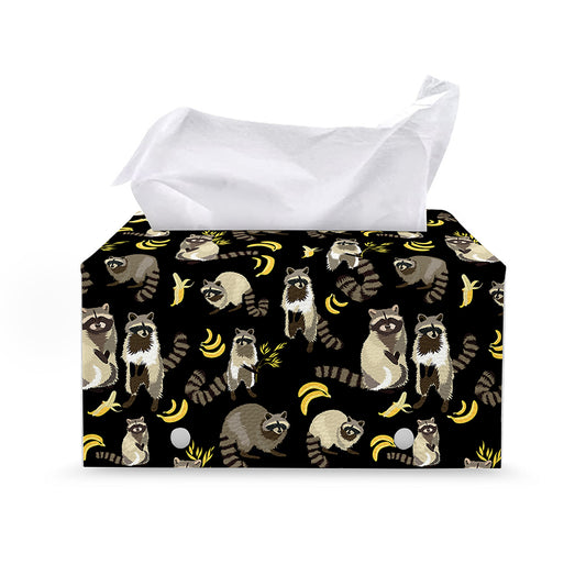 Raccoon And Banana Pattern Print Leather Tissue Box Cover