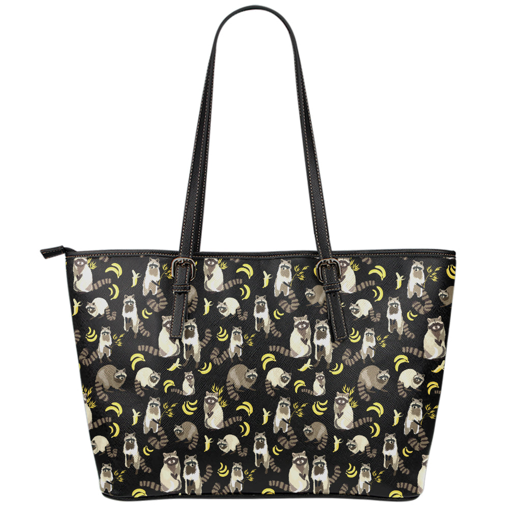 Raccoon And Banana Pattern Print Leather Tote Bag