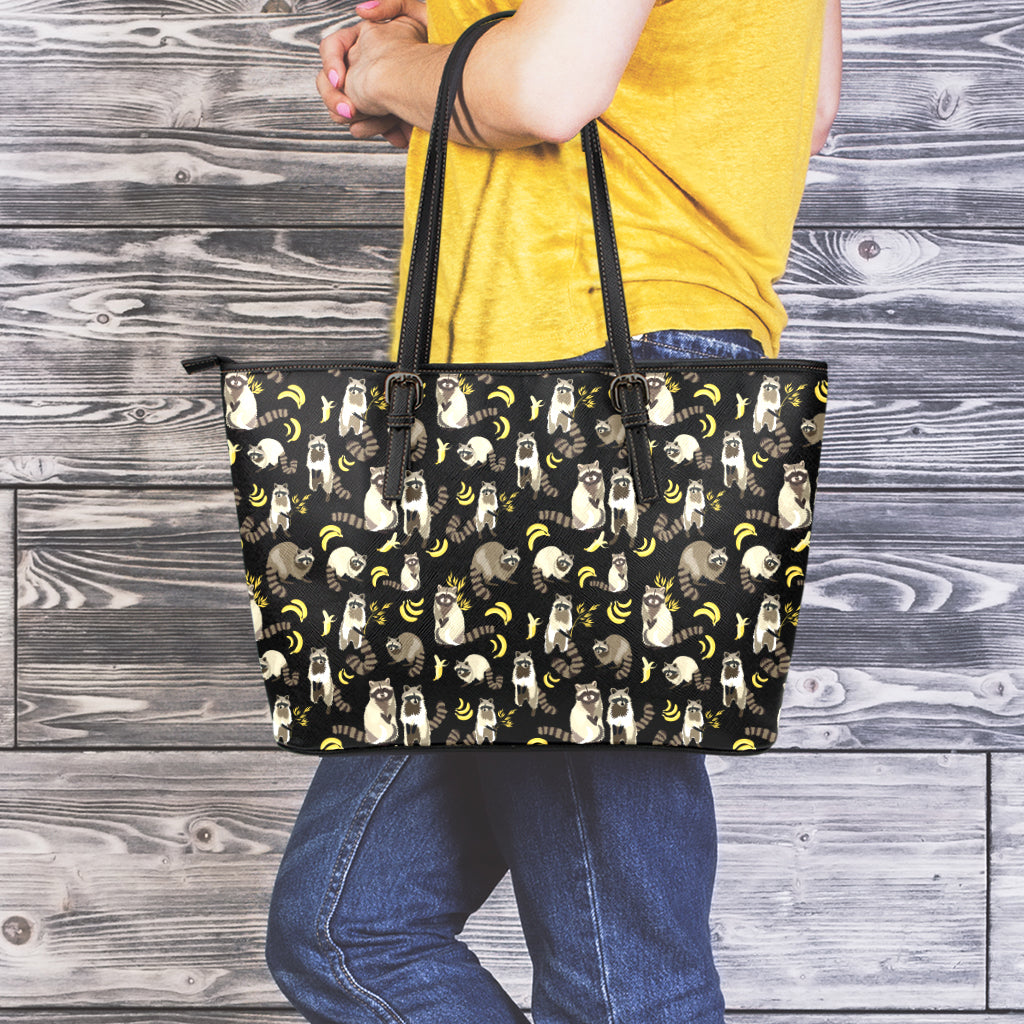 Raccoon And Banana Pattern Print Leather Tote Bag