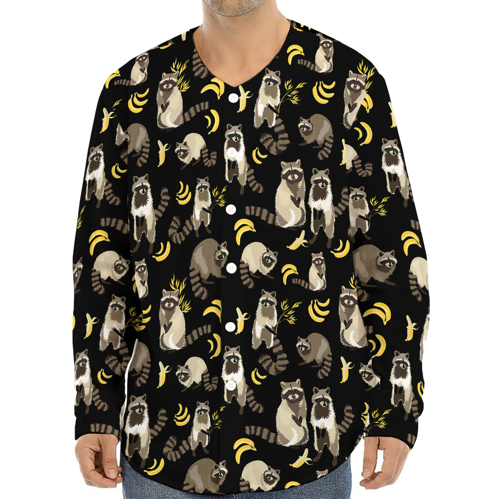 Raccoon And Banana Pattern Print Long Sleeve Baseball Jersey