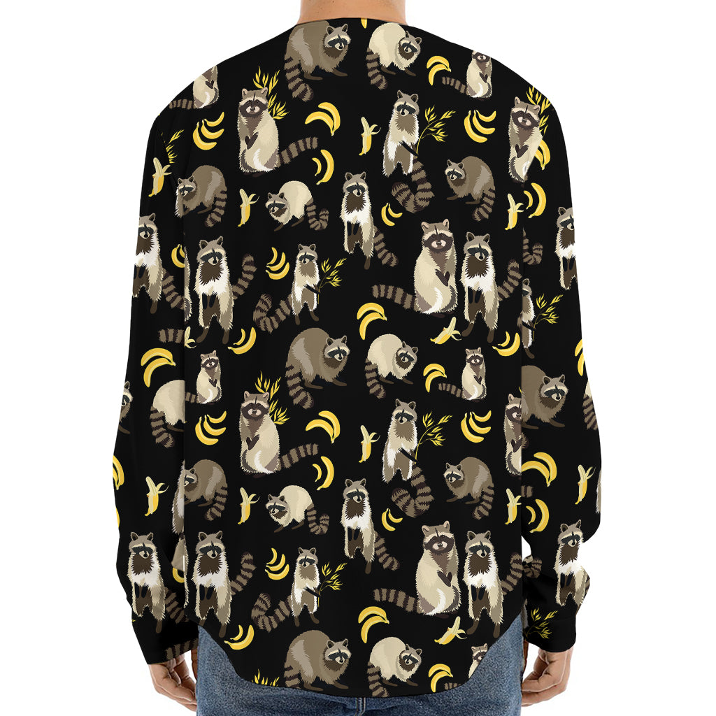 Raccoon And Banana Pattern Print Long Sleeve Baseball Jersey