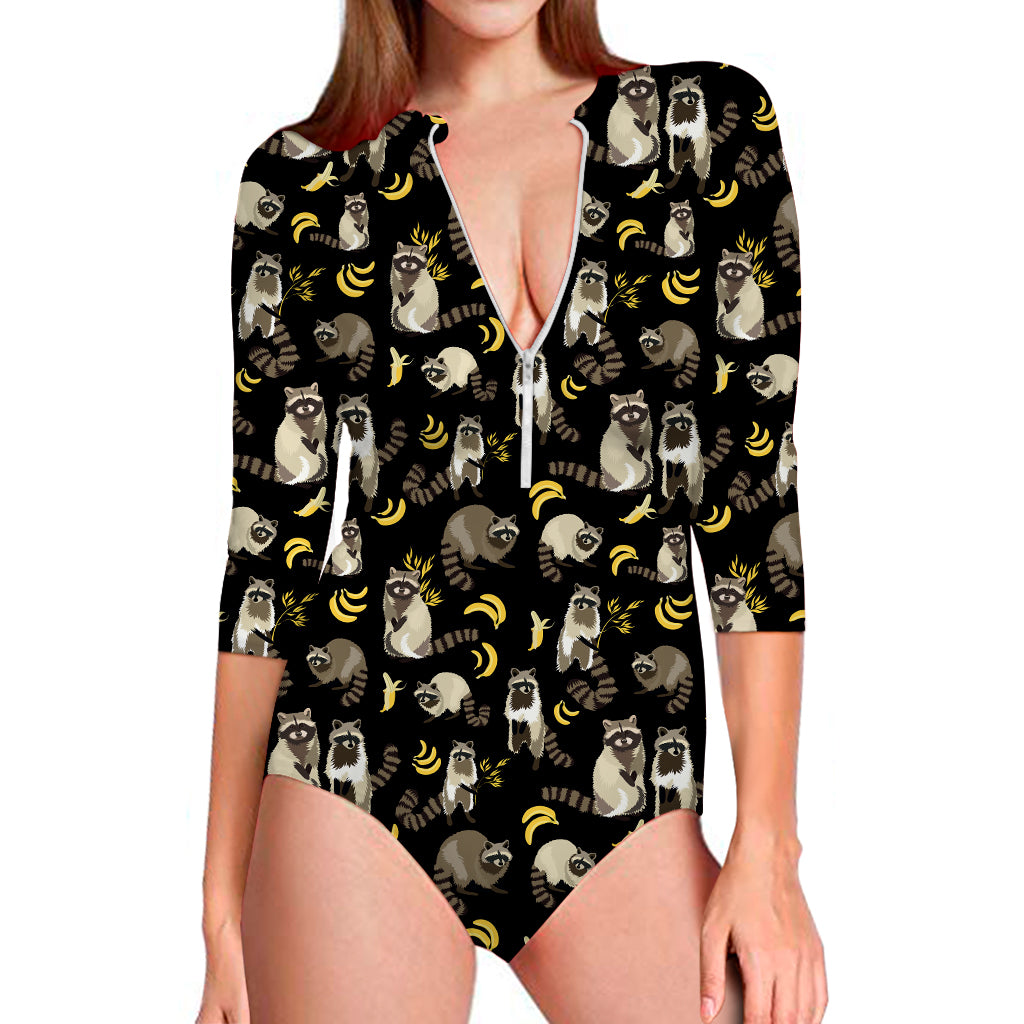 Raccoon And Banana Pattern Print Long Sleeve Swimsuit