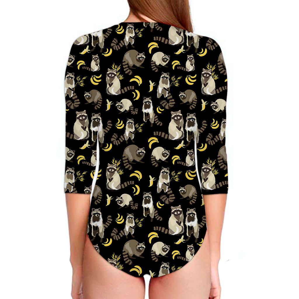 Raccoon And Banana Pattern Print Long Sleeve Swimsuit