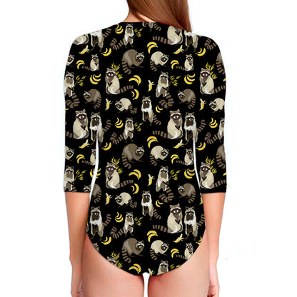 Raccoon And Banana Pattern Print Long Sleeve Swimsuit