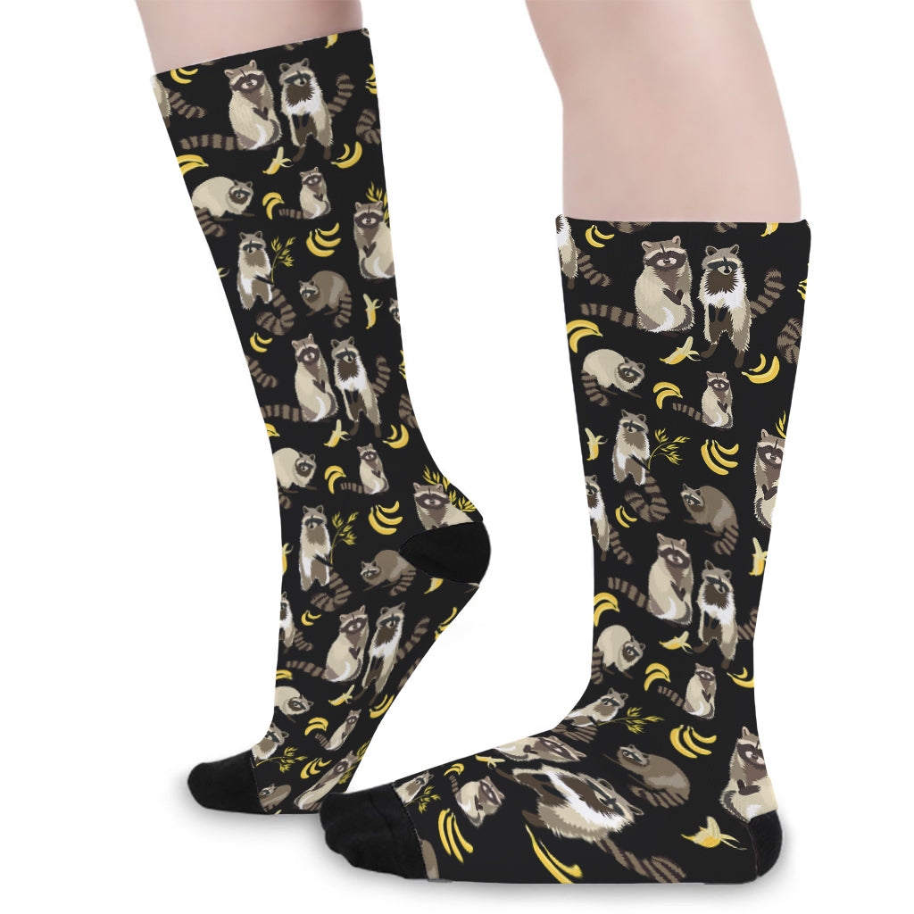 Raccoon And Banana Pattern Print Long Socks