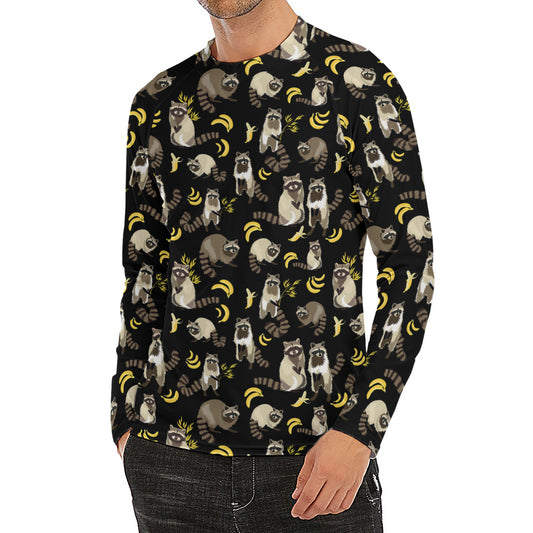 Raccoon And Banana Pattern Print Men's Long Sleeve Rash Guard