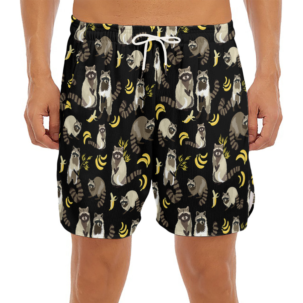 Raccoon And Banana Pattern Print Men's Split Running Shorts