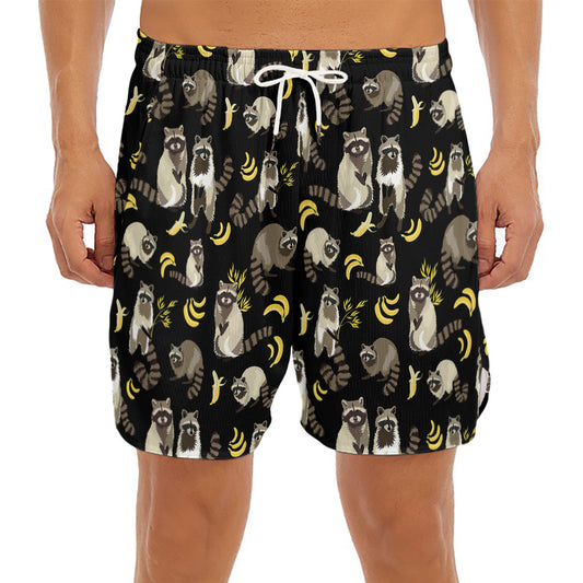 Raccoon And Banana Pattern Print Men's Split Running Shorts