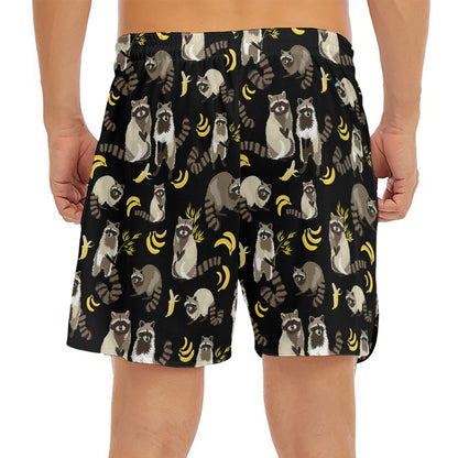 Raccoon And Banana Pattern Print Men's Split Running Shorts