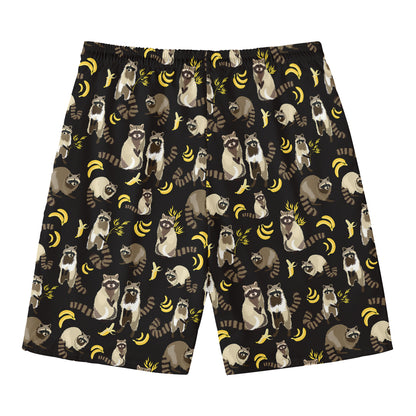 Raccoon And Banana Pattern Print Men's Swim Trunks