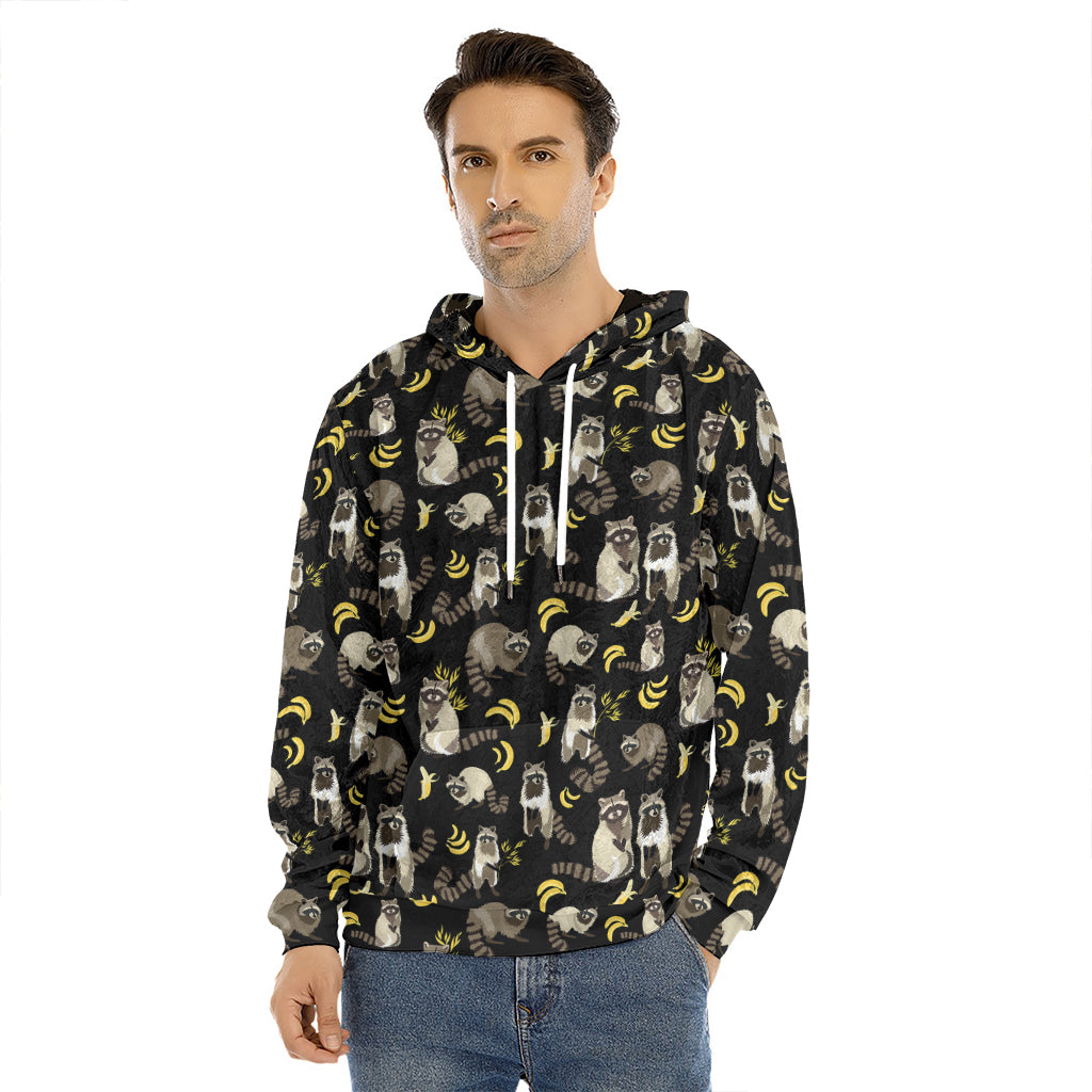 Raccoon And Banana Pattern Print Men's Velvet Pullover Hoodie