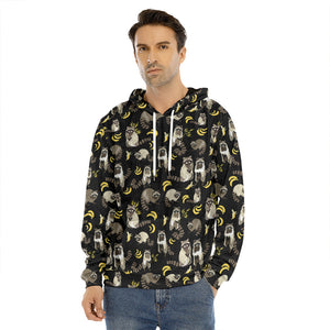 Raccoon And Banana Pattern Print Men's Velvet Pullover Hoodie