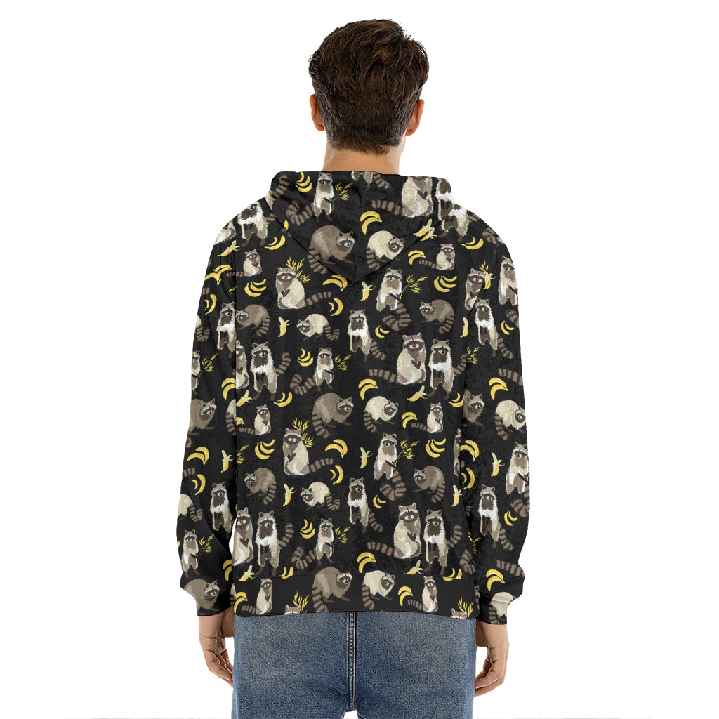 Raccoon And Banana Pattern Print Men's Velvet Pullover Hoodie