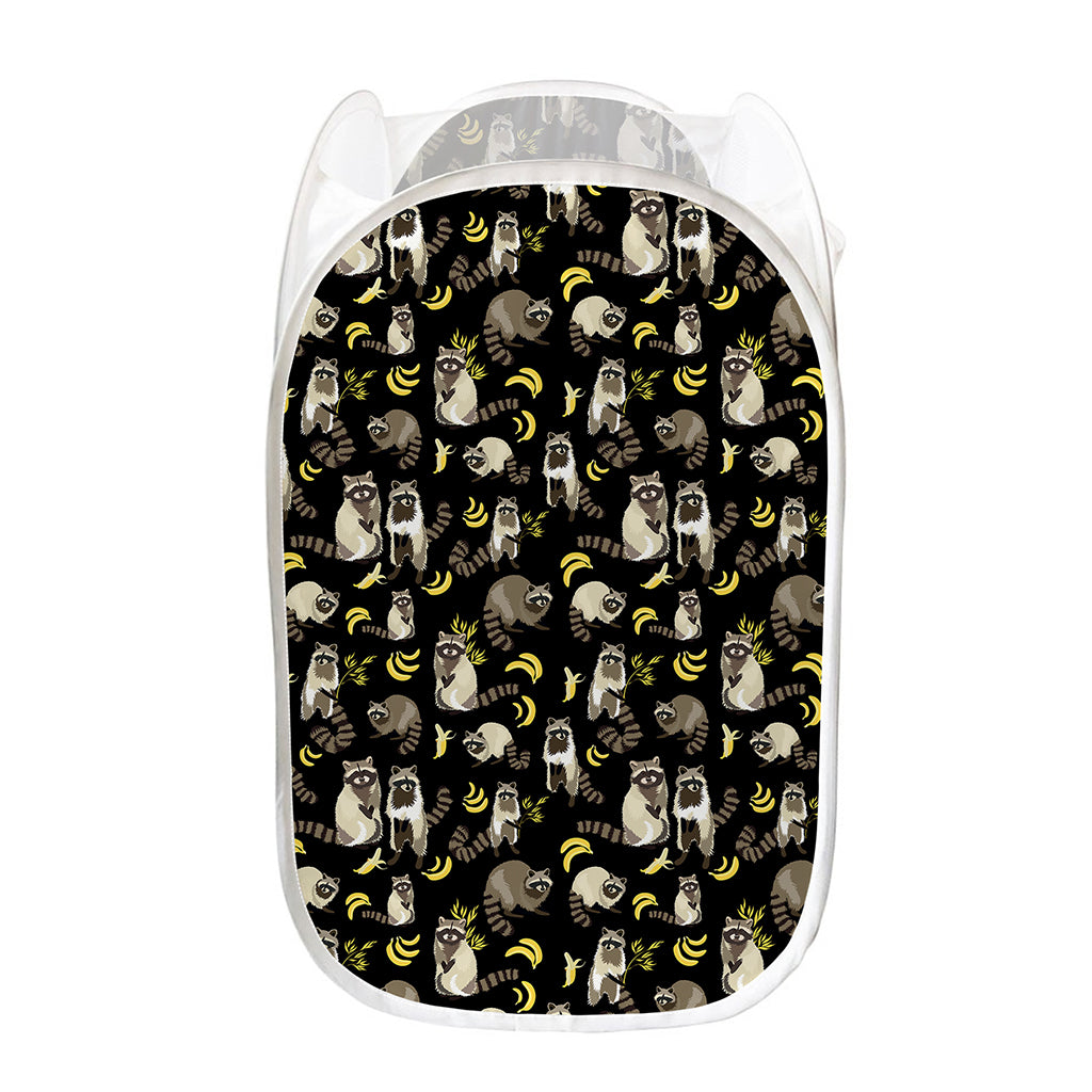 Raccoon And Banana Pattern Print Mesh Laundry Hamper
