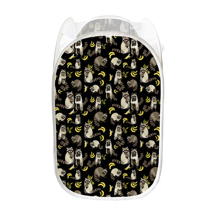 Raccoon And Banana Pattern Print Mesh Laundry Hamper
