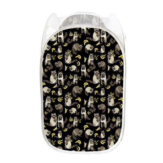 Raccoon And Banana Pattern Print Mesh Laundry Hamper