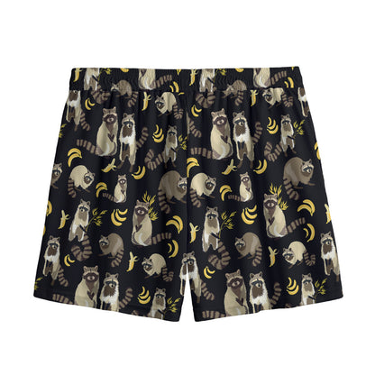 Raccoon And Banana Pattern Print Mesh Shorts