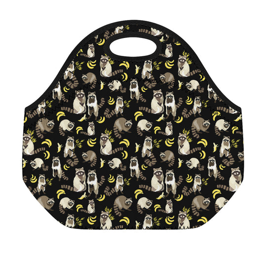 Raccoon And Banana Pattern Print Neoprene Lunch Bag