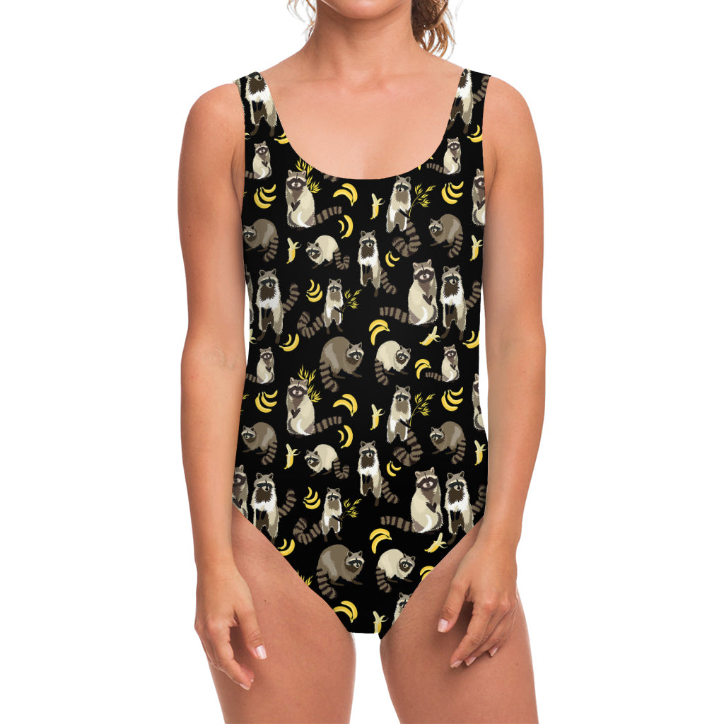 Raccoon And Banana Pattern Print One Piece Swimsuit