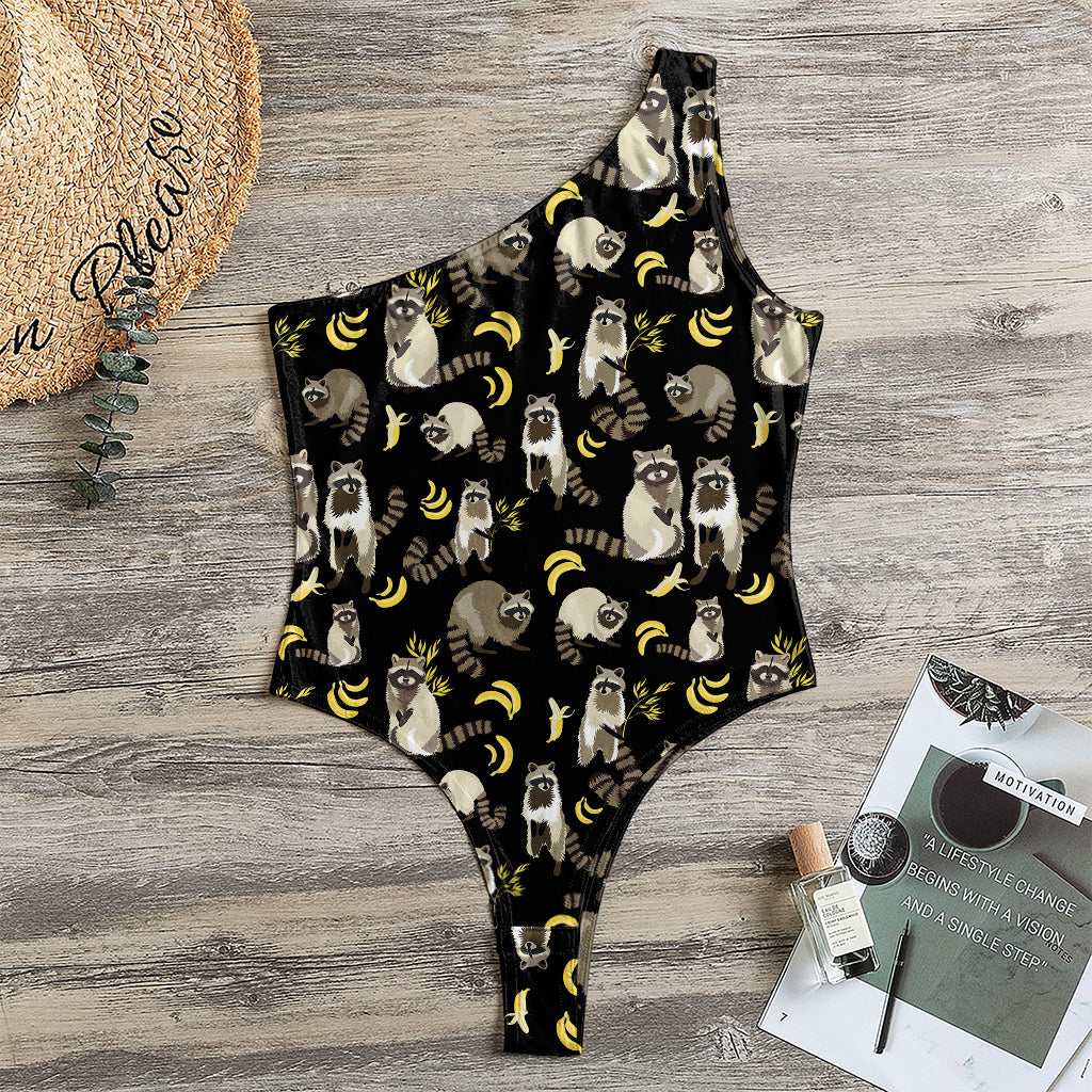 Raccoon And Banana Pattern Print One Shoulder Bodysuit