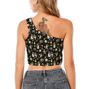 Raccoon And Banana Pattern Print One Shoulder Crop Top