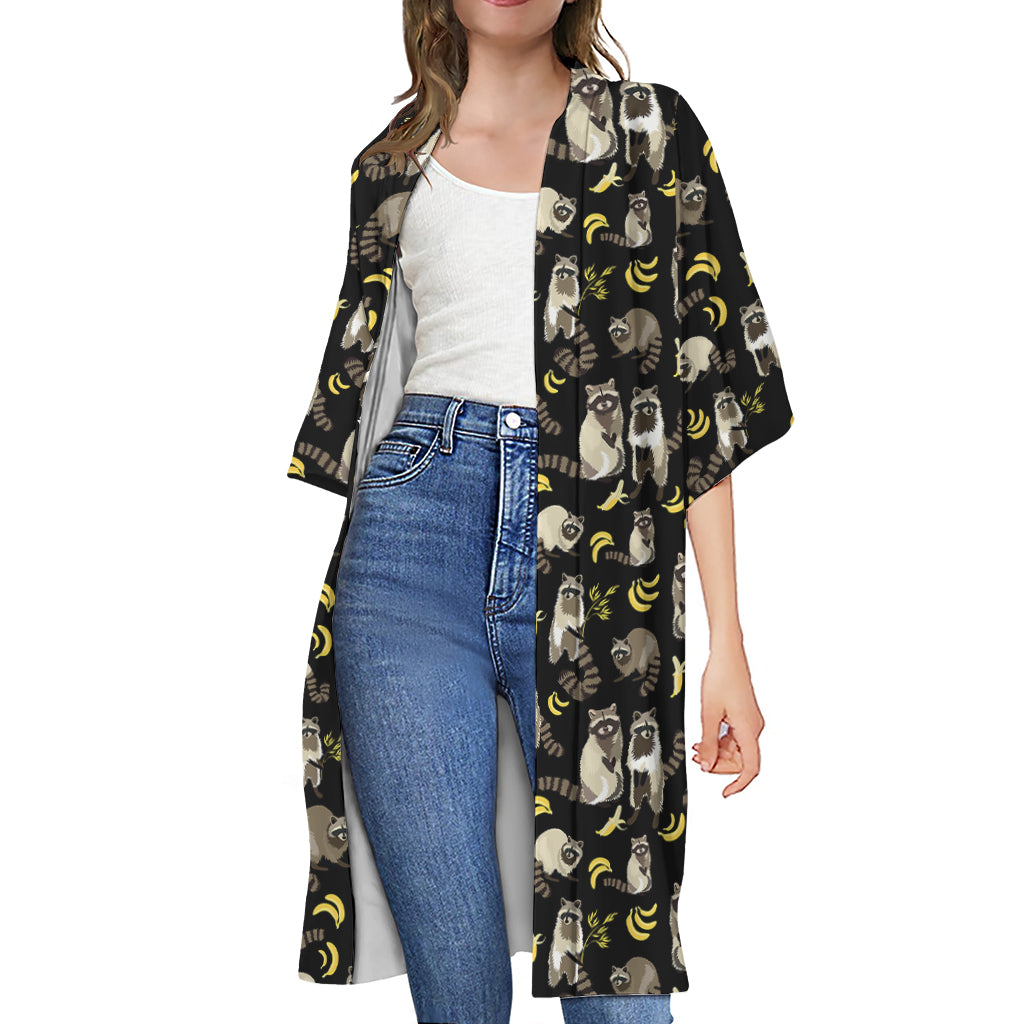 Raccoon And Banana Pattern Print Open Front Beach Cover Up