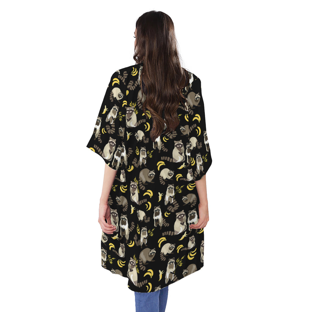 Raccoon And Banana Pattern Print Open Front Beach Cover Up