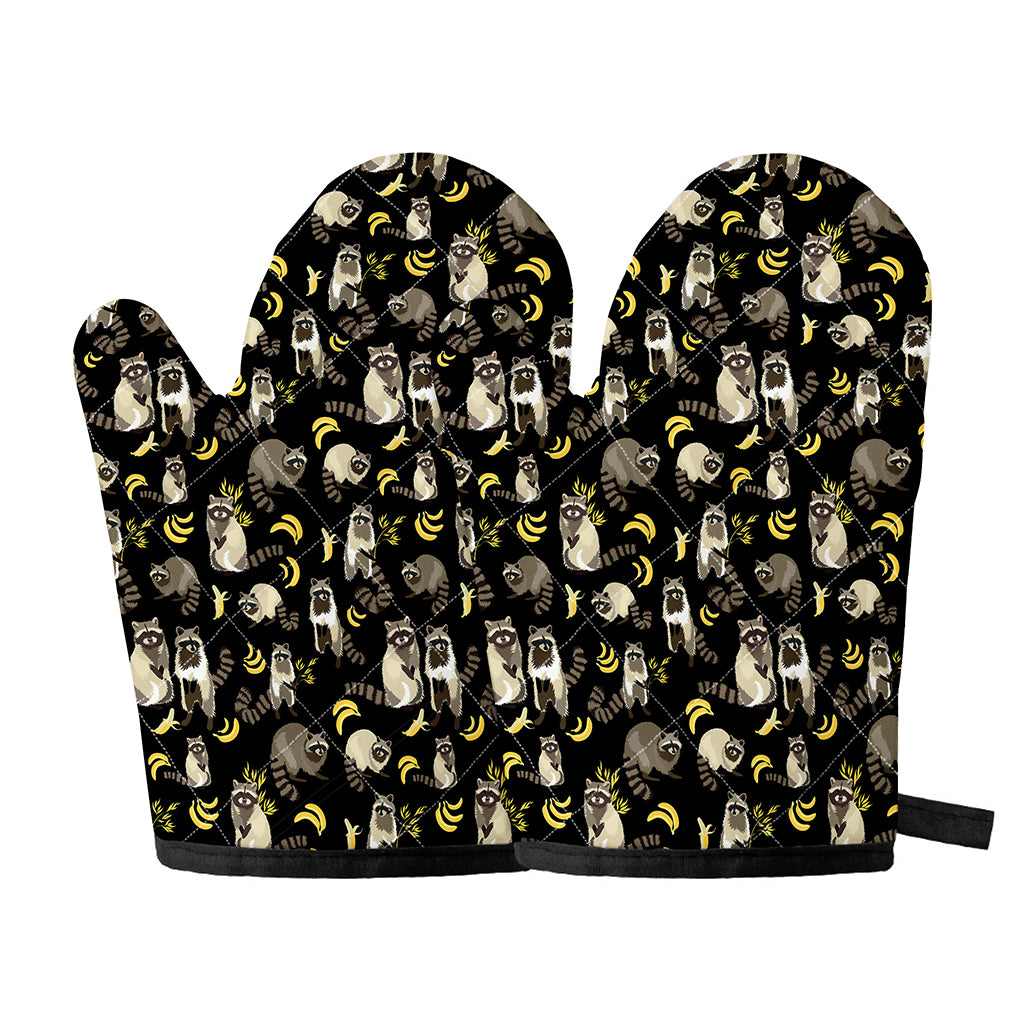 Raccoon And Banana Pattern Print Oven Mitts