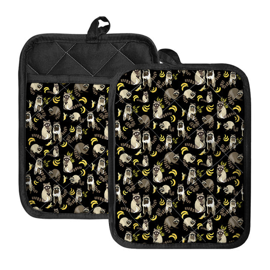 Raccoon And Banana Pattern Print Pot Holders With Pocket