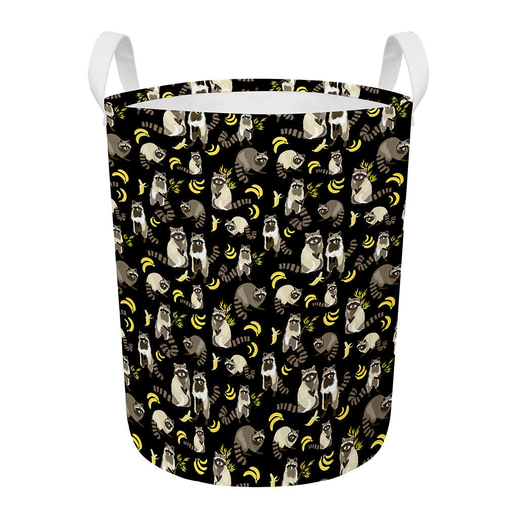 Raccoon And Banana Pattern Print Round Laundry Basket