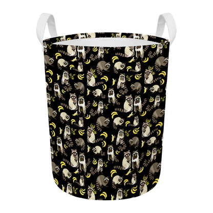 Raccoon And Banana Pattern Print Round Laundry Basket