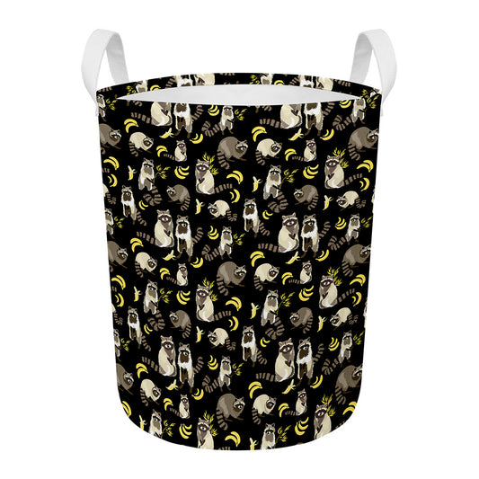 Raccoon And Banana Pattern Print Round Laundry Basket
