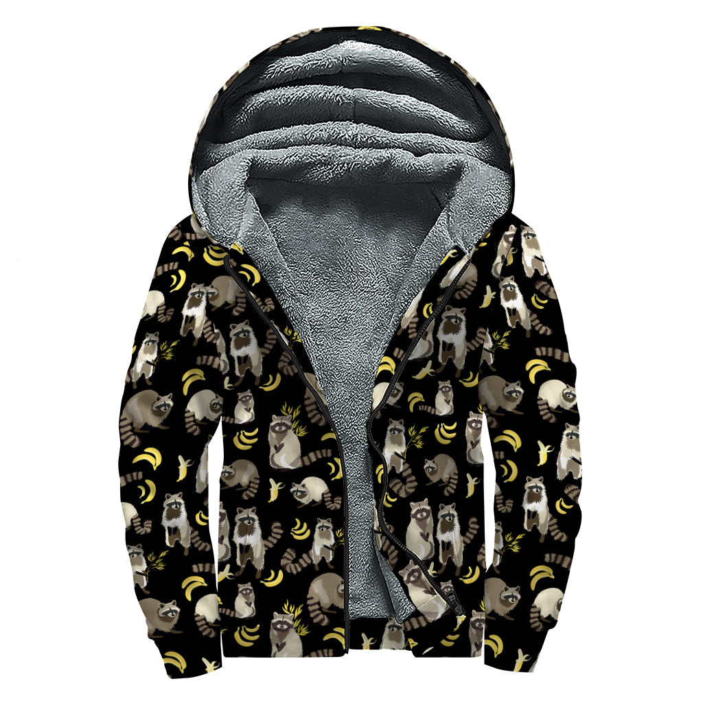 Raccoon And Banana Pattern Print Sherpa Lined Zip Up Hoodie
