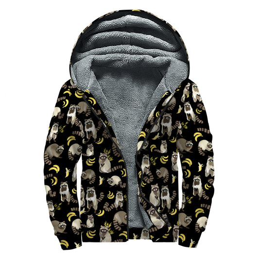 Raccoon And Banana Pattern Print Sherpa Lined Zip Up Hoodie
