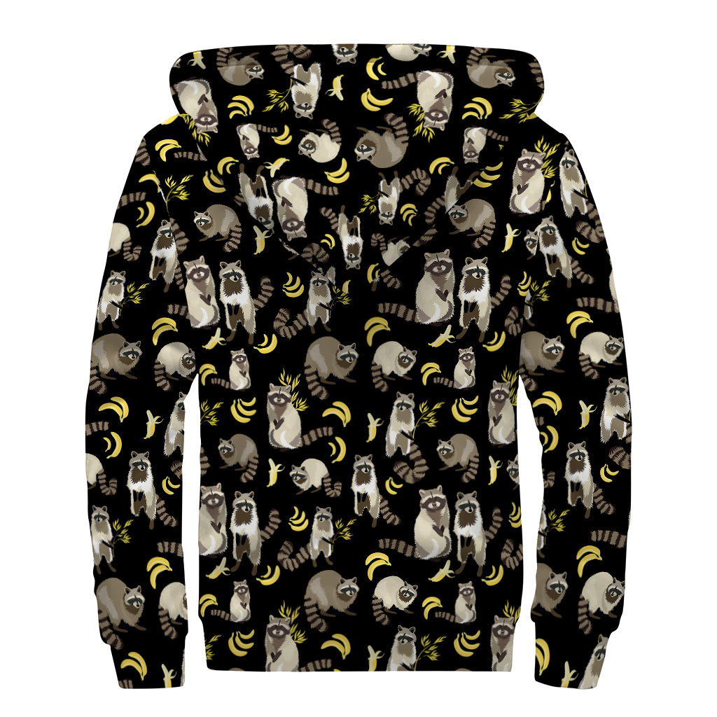 Raccoon And Banana Pattern Print Sherpa Lined Zip Up Hoodie