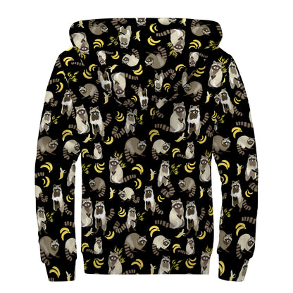 Raccoon And Banana Pattern Print Sherpa Lined Zip Up Hoodie