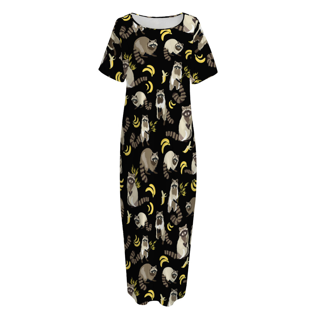 Raccoon And Banana Pattern Print Short Sleeve Long Nightdress