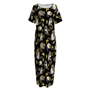 Raccoon And Banana Pattern Print Short Sleeve Long Nightdress