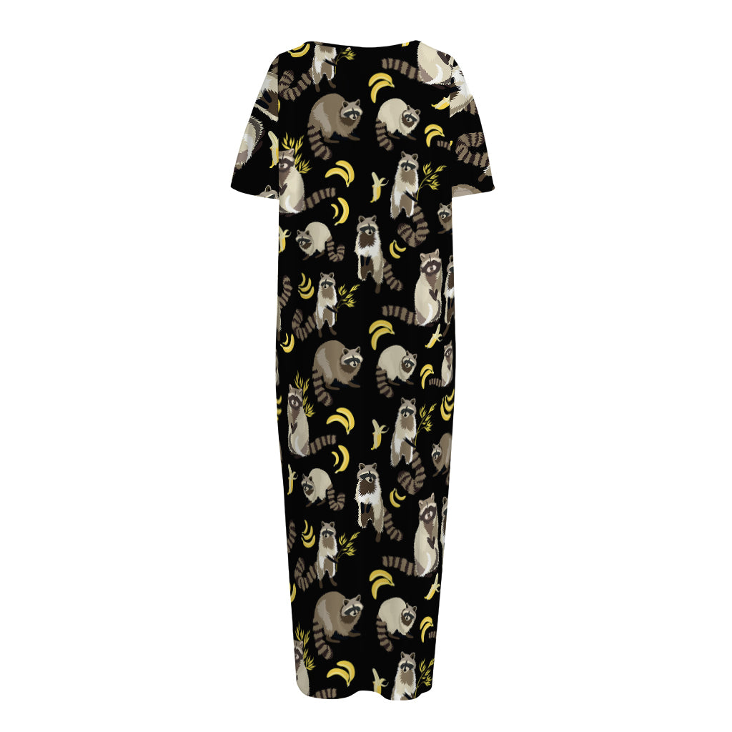 Raccoon And Banana Pattern Print Short Sleeve Long Nightdress