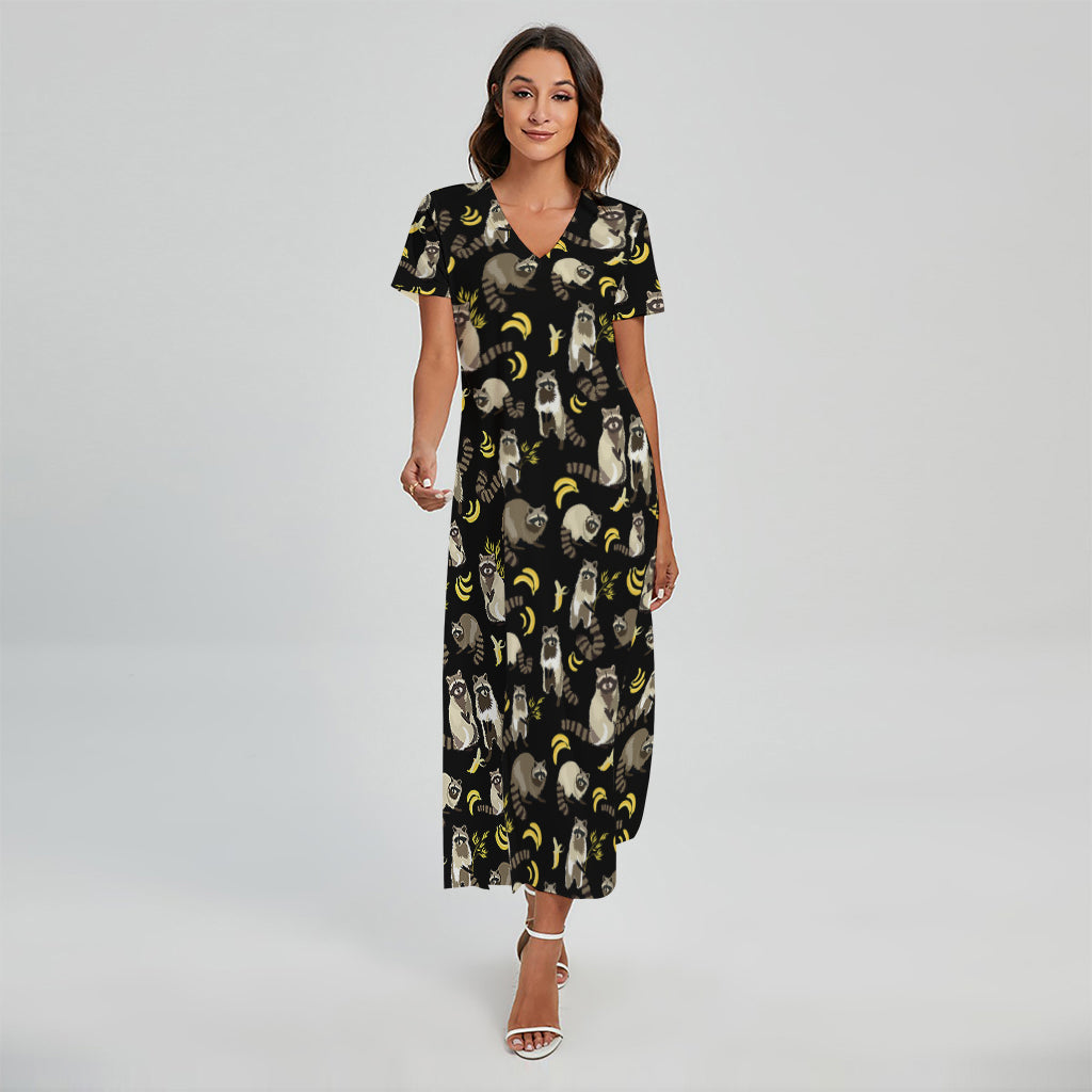 Raccoon And Banana Pattern Print Short Sleeve Maxi Dress