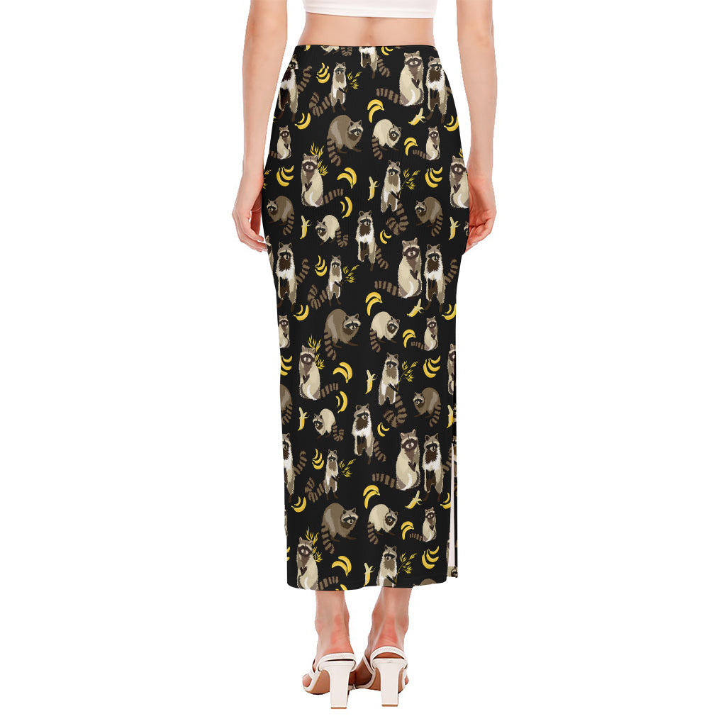 Raccoon And Banana Pattern Print Side Slit Maxi Skirt