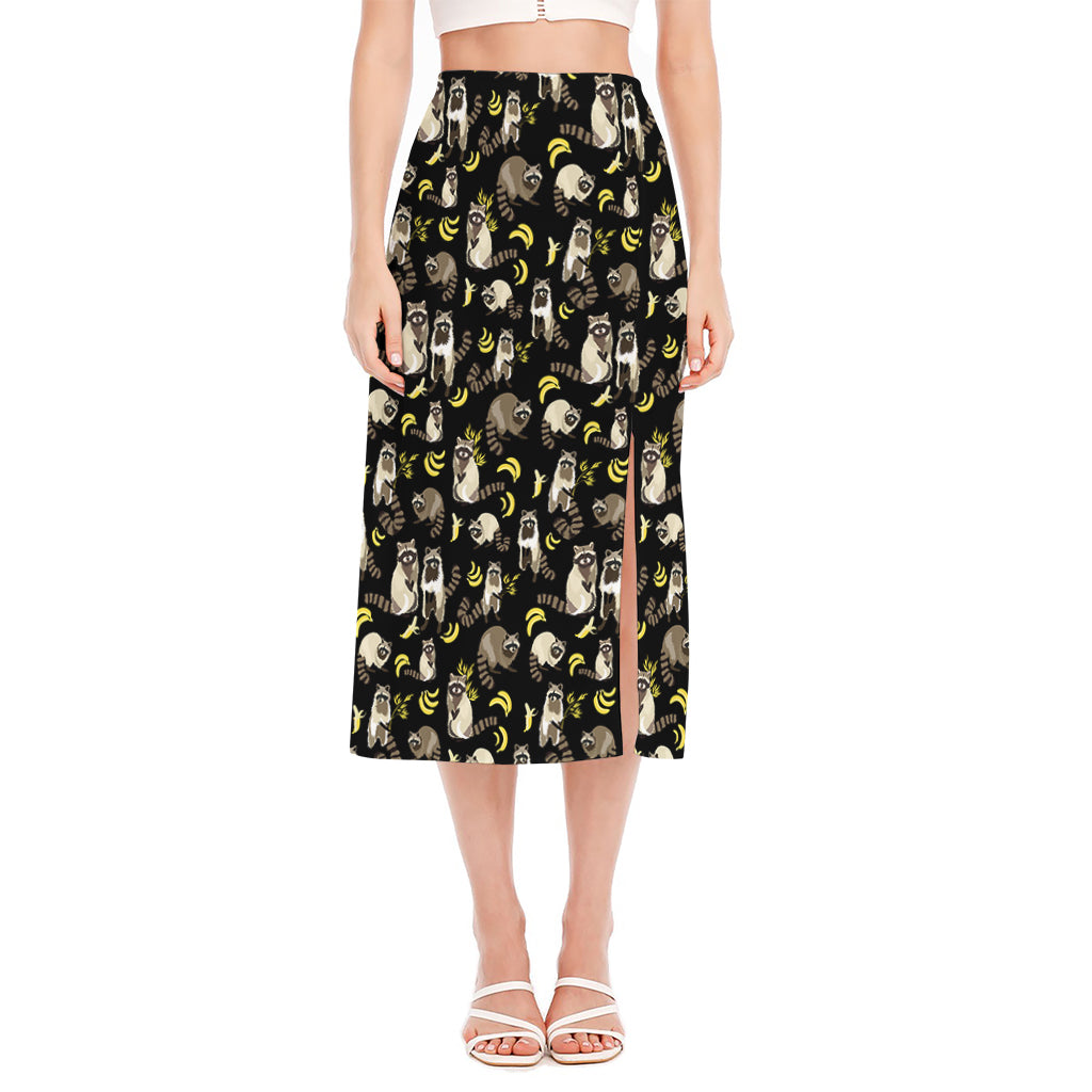 Raccoon And Banana Pattern Print Side Slit Midi Skirt