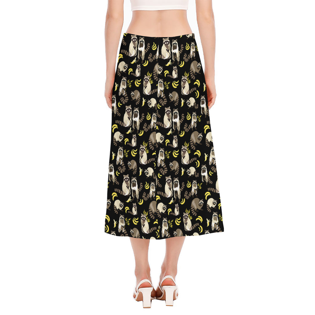 Raccoon And Banana Pattern Print Side Slit Midi Skirt