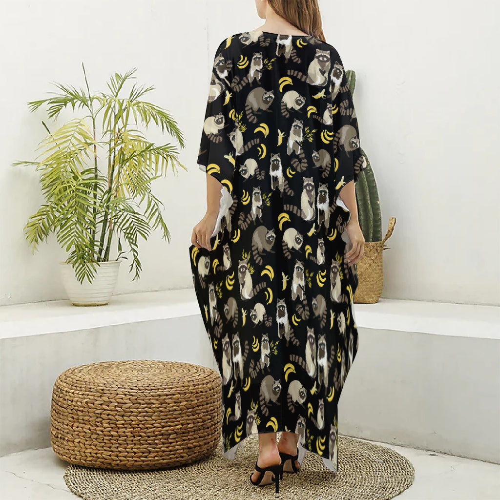 Raccoon And Banana Pattern Print Silk V-Neck Kaftan Dress