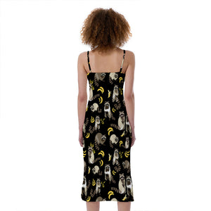 Raccoon And Banana Pattern Print Slim Fit Midi Cami Dress