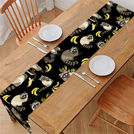 Raccoon And Banana Pattern Print Table Runner