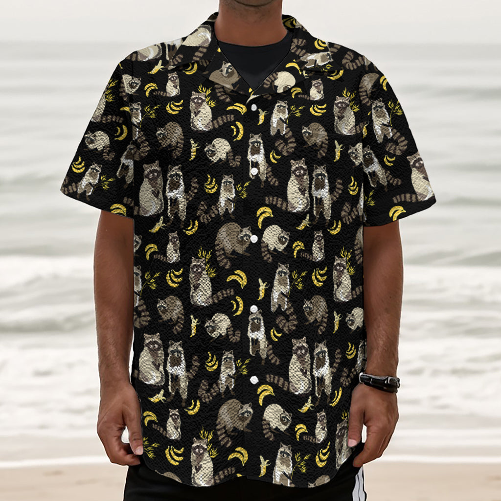 Raccoon And Banana Pattern Print Textured Short Sleeve Shirt