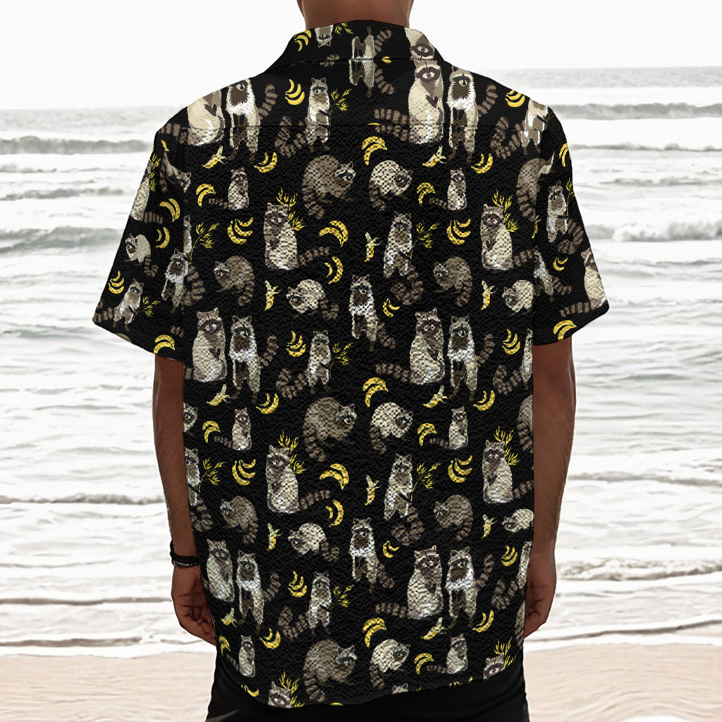 Raccoon And Banana Pattern Print Textured Short Sleeve Shirt