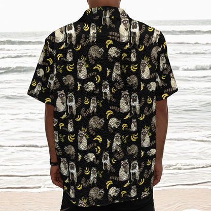 Raccoon And Banana Pattern Print Textured Short Sleeve Shirt