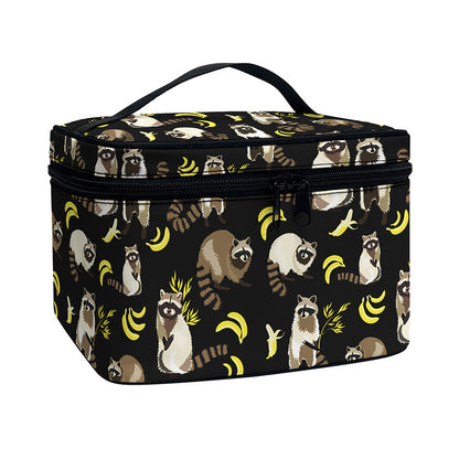 Raccoon And Banana Pattern Print Travel Makeup Bag